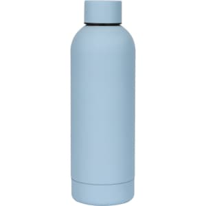 A drink bottle in a soft blue colour with a sleek design and a black lid, featuring a logo.