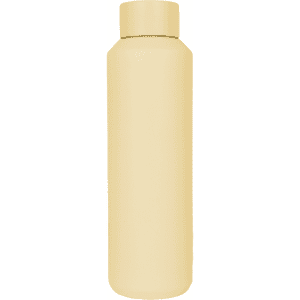 A drink bottle in a light beige colour with a cylindrical shape and a flat cap, featuring a simple logo.