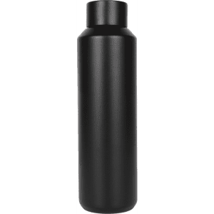 A drink bottle in a sleek, matte black finish, featuring a simple design and a prominent neck. It has a logo on it.