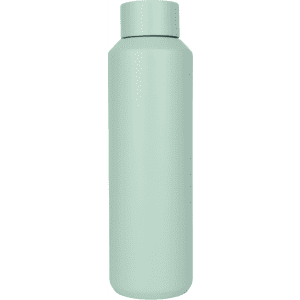 A drink bottle in a soft mint green colour with a smooth surface and a screw-top lid, featuring a logo.