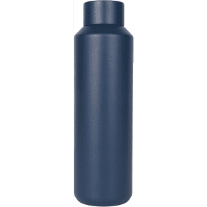 A drink bottle in a solid navy blue colour, featuring a sleek, minimalist design and a branded logo.