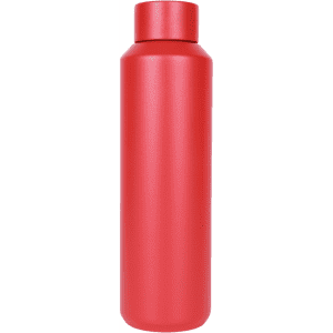 A drink bottle in a vibrant red colour with a sleek, minimalist design and a logo on the side.
