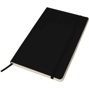 A black notebook with a cream-coloured interior, featuring an elastic band closure and a bookmark ribbon.