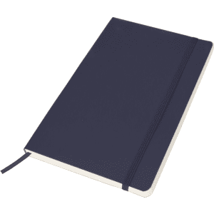 A navy blue notebook with a cream-coloured interior and a matching elastic band closure.