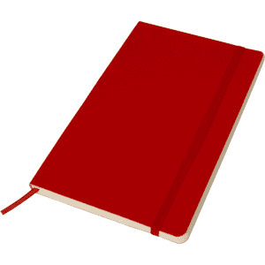 A red notebook with a solid cover, featuring an elastic strap. It has a cream-coloured interior.