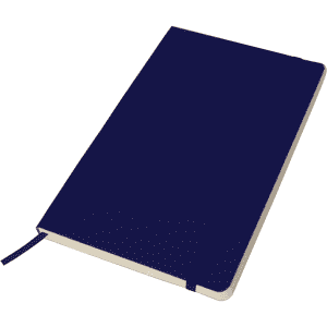 A navy blue notebook with a plain cover and an elastic band closure, featuring a ribbon bookmark.