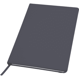 A dark grey notebook with a smooth cover and a ribbon bookmark, featuring a logo on the front.