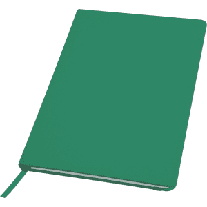 A green notebook with a smooth cover, featuring a ribbon marker and a branding logo.