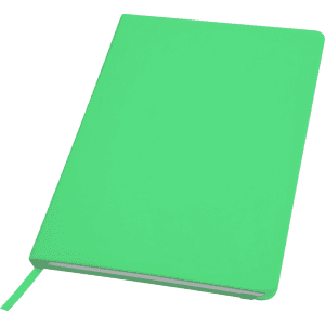 A bright green Koano Notebook with a smooth cover and a ribbon bookmark. It features a logo on the front.