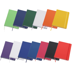 A collection of Koano Notebooks in various colours including green, blue, white, orange, yellow, purple, pink, black, and red.