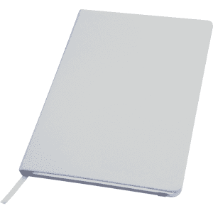 A white notebook with a textured cover, ribbon bookmark, and branding on the front.