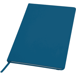 A blue notebook with a textured cover and ribbon bookmark, featuring a logo on the front.