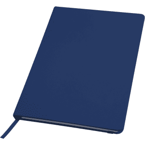 A navy notebook with a smooth cover, featuring a ribbon bookmark and a logo. Suitable for office and business use.