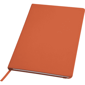 An orange notebook with a sleek cover and a ribbon marker, featuring a logo on the front.