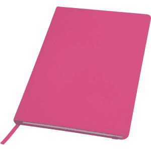 A pink notebook featuring a smooth cover and a ribbon marker, with a logo on the front.