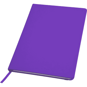 A purple notebook with a smooth cover and a ribbon bookmark, featuring a logo on the front.