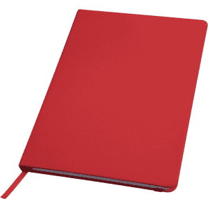 A red notebook with a smooth cover and a ribbon bookmark. It features a logo on the front.