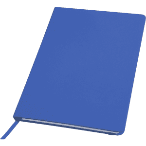 A blue notebook with a smooth cover and a ribbon bookmark, featuring a logo on the front.