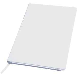 A white notebook with a smooth cover and a ribbon marker, featuring a logo on the front.