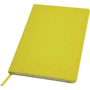 A bright yellow notebook with a smooth cover and a ribbon bookmark. It features a logo on the front.