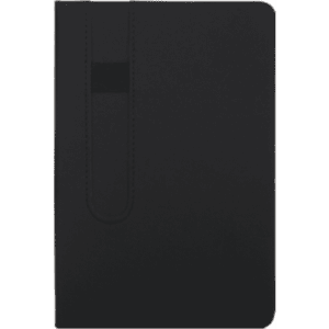 A black notebook with a smooth cover and an elastic band for secure closure. It features a logo on the front.