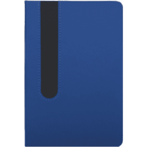 A blue notebook featuring a black elastic band closure and a smooth cover. It has a logo on the front.