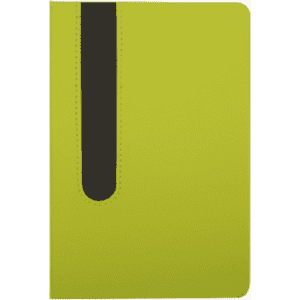 A green notebook with a black cutout design on the front cover. It has a sleek and modern appearance.