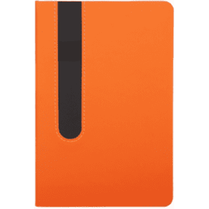 An orange notebook with a black accent and a cutout design on the front cover. It has a sleek, smooth finish.