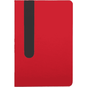 A red notebook with a black elastic band closure. Features a sleek and simple design.