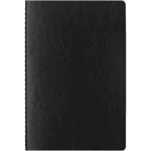A black notebook with a textured cover and a side-bound design. Features branding on the cover.