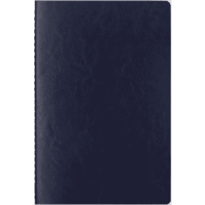 A navy blue notebook with a smooth cover, featuring a subtle texture and no visible branding.