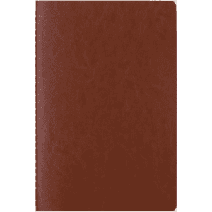 A brown notebook with a textured cover and a spine that features stitching, equipped with a logo.