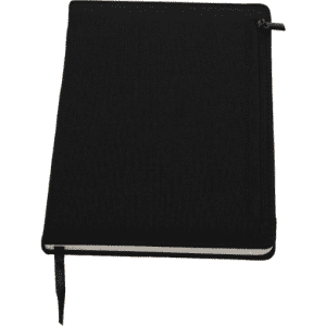 A black notebook with a zipper closure, featuring a plain design and a ribbon marker.