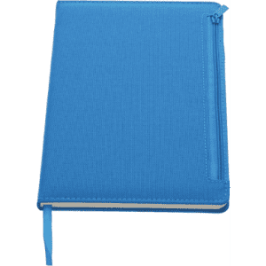 A blue notebook with a zippered pocket and a ribbon page marker, featuring a textured cover and a logo.