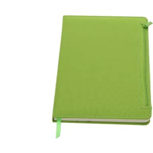 A green notebook with a textured exterior and a zip closure, featuring a ribbon bookmark. It includes a logo.