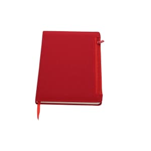 A red notebook with a zip closure and a ribbon bookmark, featuring a branding logo on the cover.