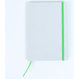 A grey notebook with a dotted texture, featuring a green elastic band and bookmark.