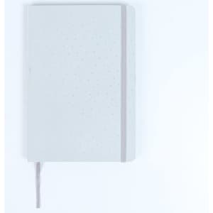 A grey notebook featuring a dotted pattern and a matching elastic closure, with a ribbon bookmark.
