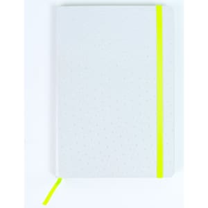 A white notebook with a dotted pattern and a bright yellow elastic band, featuring a matching yellow ribbon marker.