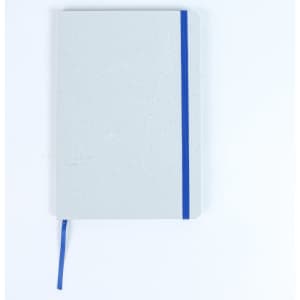 A grey notebook with a blue elastic band and ribbon marker, featuring a dotted texture on the cover.