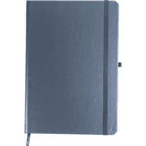 A navy notebook featuring an elastic closure and a ribbon bookmark, with a logo on the front cover.