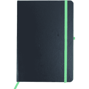 A dark blue notebook with a green elastic band and bookmark, featuring a minimalist design.