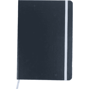 A dark navy notebook with a white elastic band, featuring a smooth cover and bookmark ribbon.