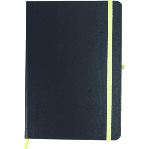 A navy notebook with a bright green elastic band and a matching bookmark. It features a logo on the cover.