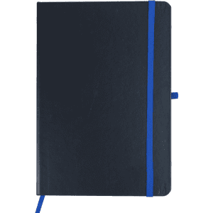 A dark navy notebook with a blue elastic band and a matching ribbon bookmark. It features a logo on the cover.