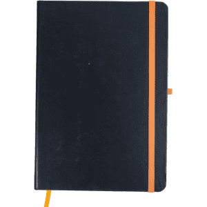 A dark blue notebook with an orange elastic band and ribbon marker, featuring a logo on the cover.