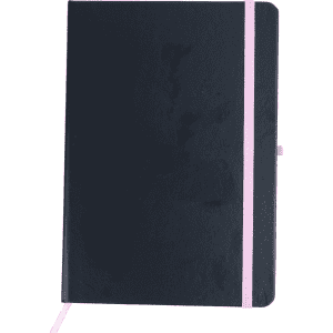 A dark blue notebook with a pink elastic band and bookmark, featuring a simple design and smooth cover.
