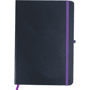 A dark blue notebook with a purple elastic band and ribbon bookmark. It features a smooth cover and has a logo.