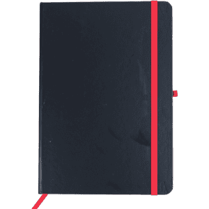 A navy notebook with a red elastic band closure and ribbon page marker. Includes branding on the cover.