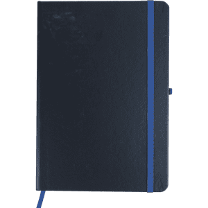 A navy blue notebook with a blue elastic band, featuring a smooth cover and a ribbon bookmark.